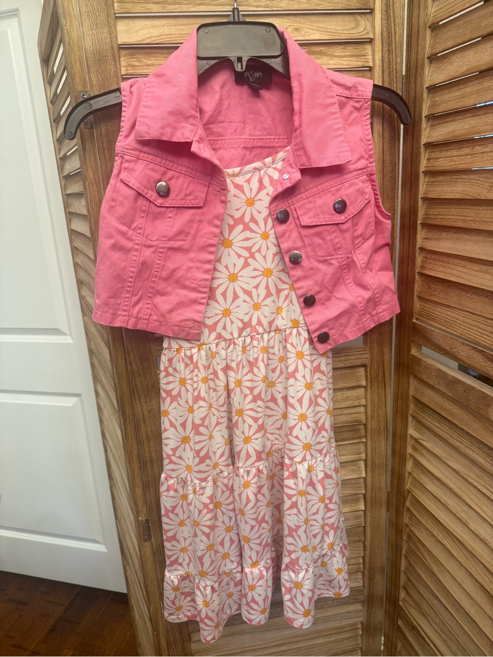 Girls Pink Floral Tiered Dress with Pink Denim Vest